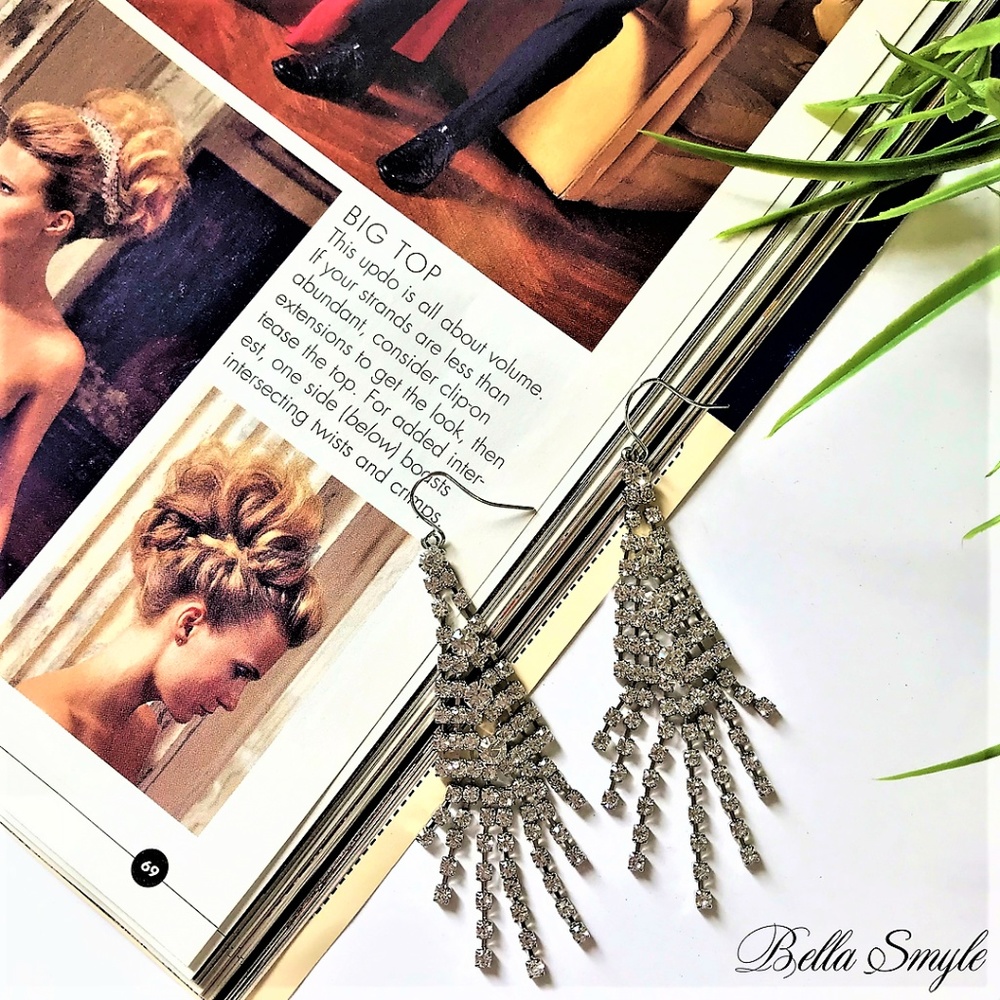 White Dangle Gems Silver Statement Earrings